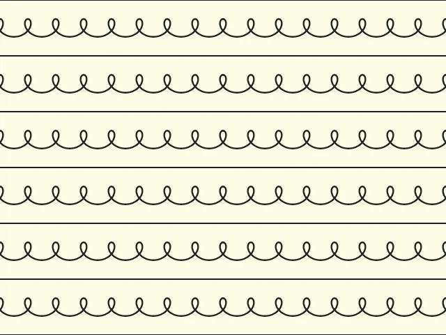 A black looped line between two straight lines in rows on a pale yellow ground