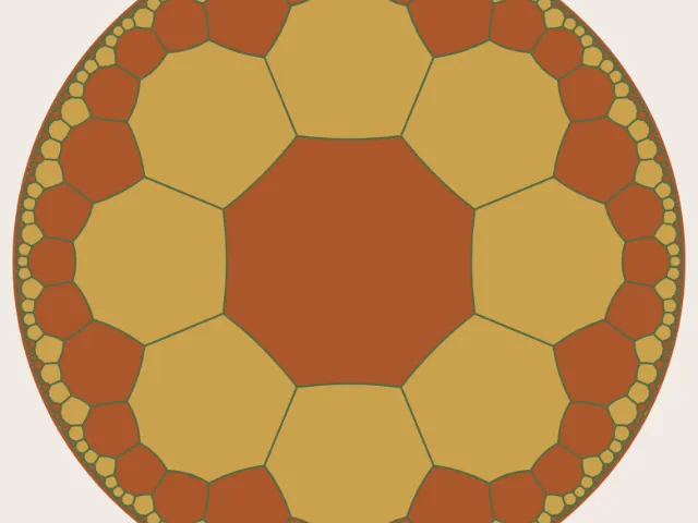 An {8,3} hyperbolic tiling in earth tones inside a circle