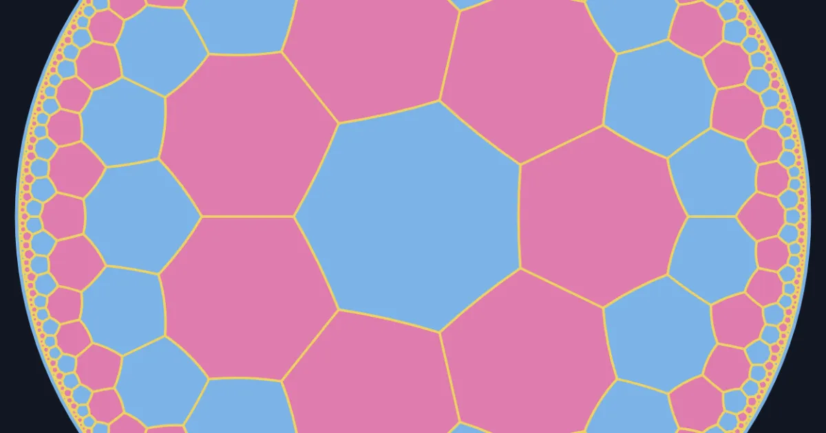 A hyperbolic {7,3} tiling in the Poincaré disk, with tiles shrinking towards the circle’s edge