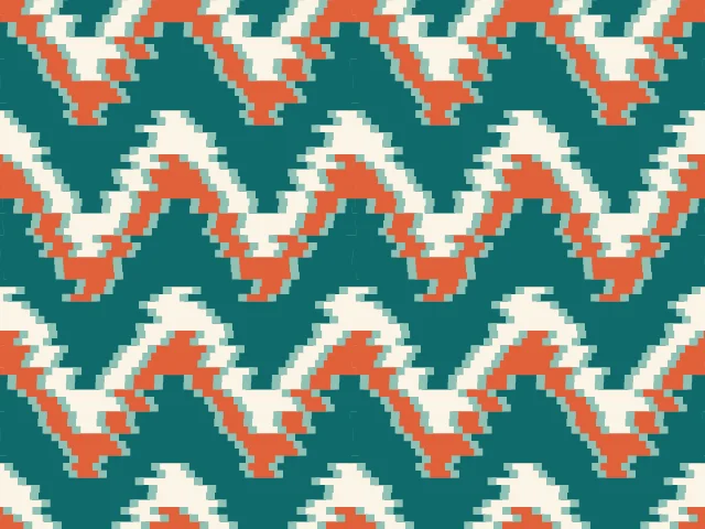 Zigzag chevron bands in teal, vermilion and cream with blurred ikat edges