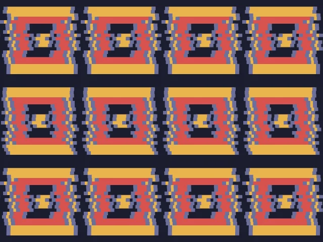 Nested squares in gold, red and slate on a near-black ground, with wandering ikat edges
