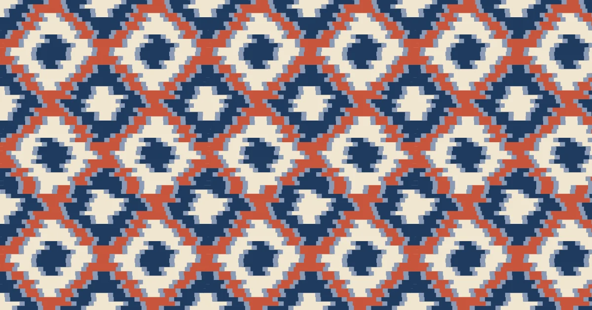 Navy and terracotta stepped ikat diamonds with blurred edges on a cream ground