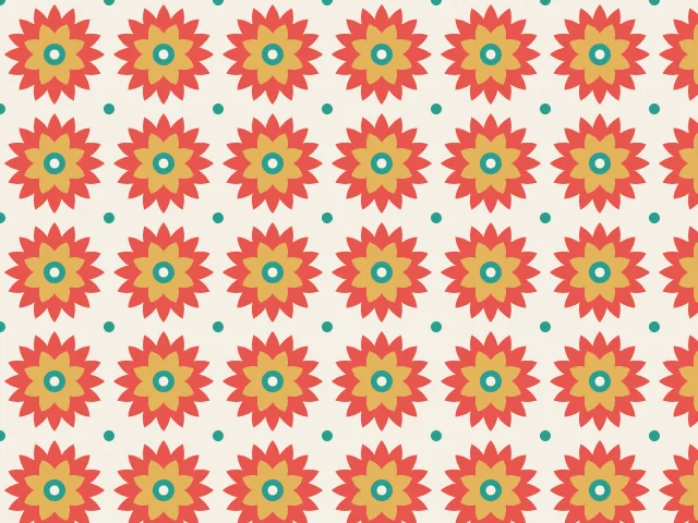 Red and gold lotus rosettes with teal centers in a grid on a cream ground, with teal dots between them