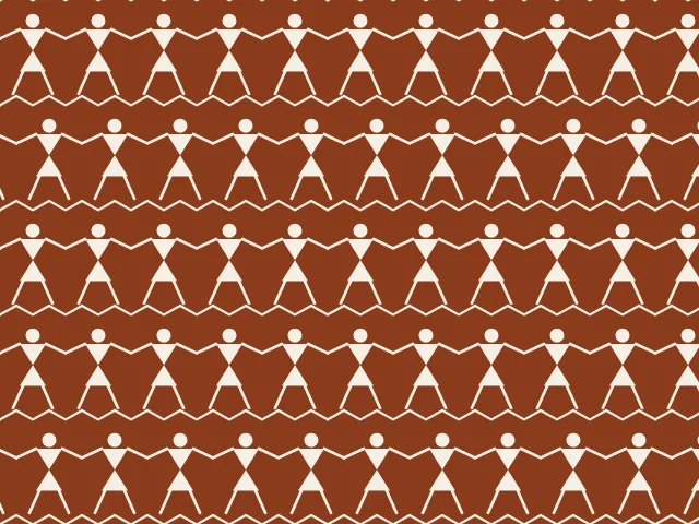 Rows of cream figures with circular heads and triangular bodies holding hands on a brown ground, with a zigzag line under each row