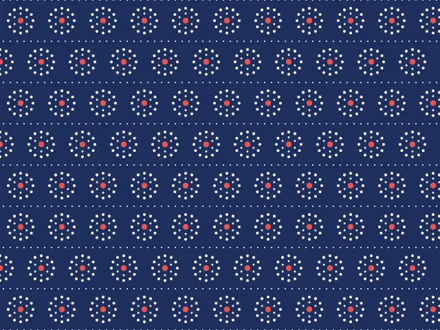 Rings of cream dots around red centers in staggered rows on a navy ground, separated by dotted lines