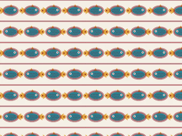 Teal fish with gold fins and tails, scale dots and maroon double outlines swimming in rows between thin double rules, on a cream ground