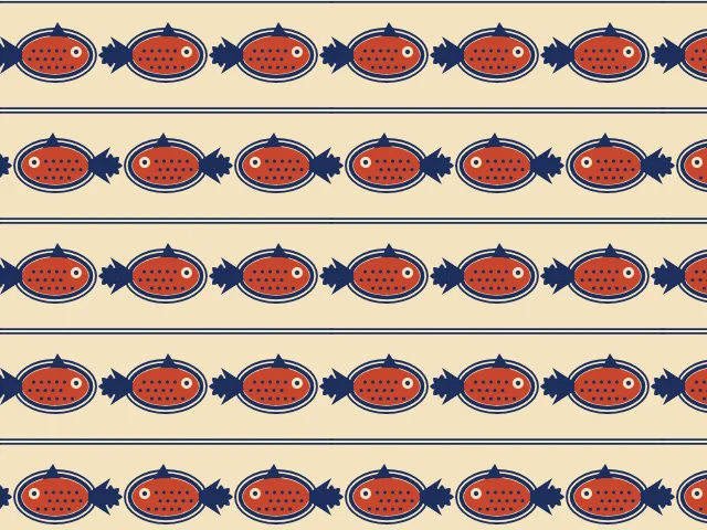 Red fish with navy fins, scale dots and navy double outlines in rows between double rules, on a sand-colored ground