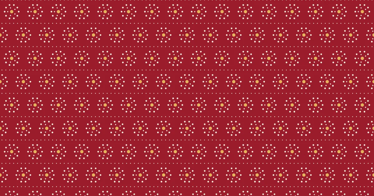 Rows of small rings of cream and gold dots with red centers on a crimson ground, separated by dotted lines in the manner of bandhani