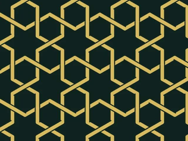 Woven six-fold pattern in gold on a dark green background