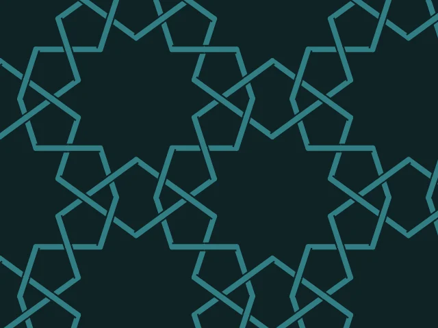 Woven girih pattern with decagonal rosettes in teal tints on a dark background