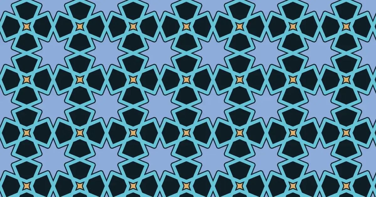 Eight-pointed Islamic stars in light blue and cyan with gold accents on a dark teal background
