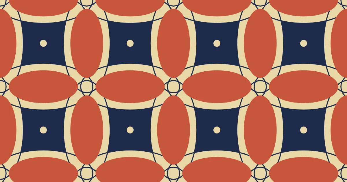 Cream and terracotta overlapping ellipses with dots on a navy ground in a kawung pattern