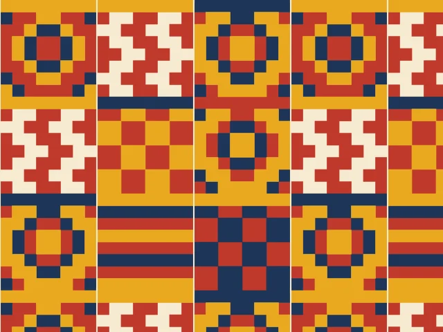 Three woven strips with rings, zigzags and checks in red, navy and gold on cream