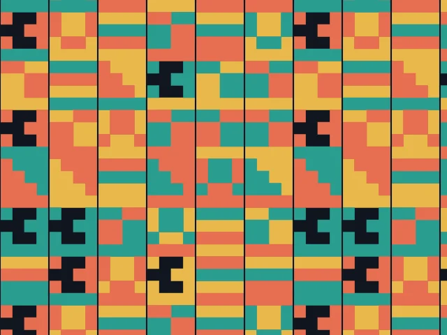 Narrow strips of short blocks in teal, orange and gold with black zigzags