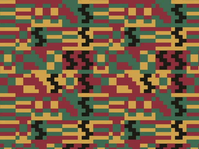 A dense weave of small blocks in muted gold, wine and green with black zigzags