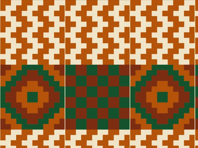 Two wide strips with orange zigzags and green and brown nested diamonds on cream