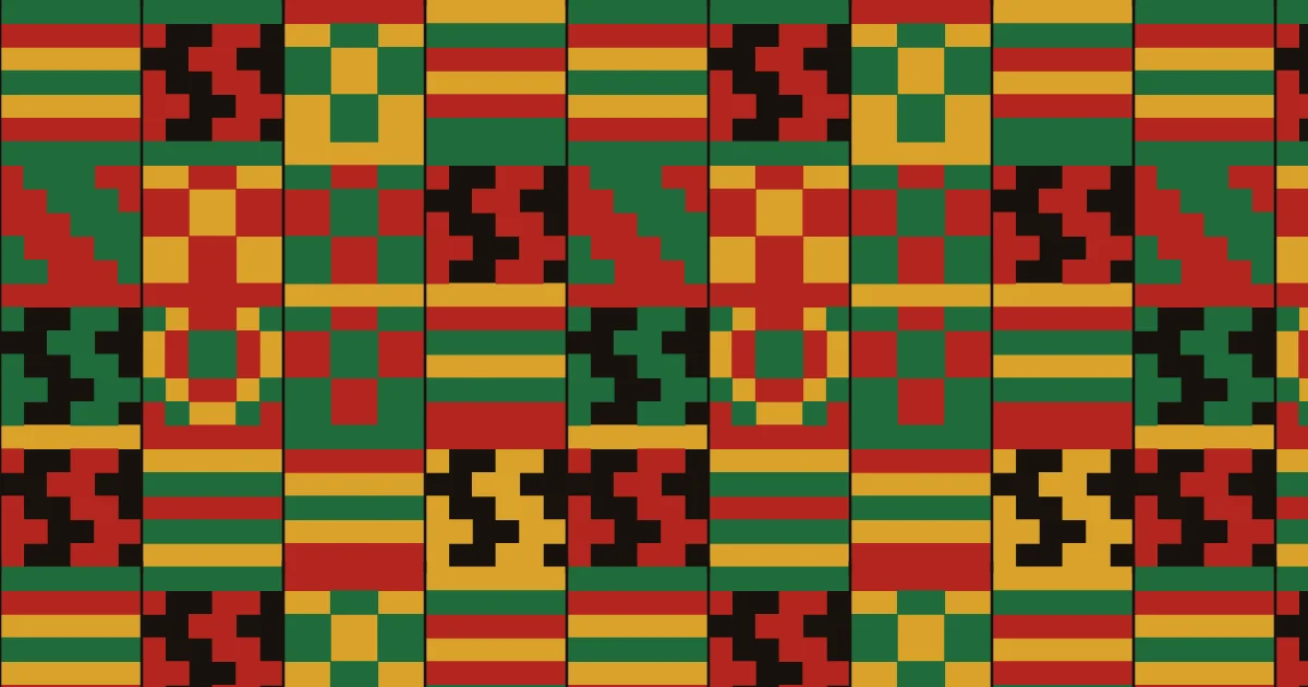 Strips of gold, red and green woven blocks with black zigzags in a kente-style pattern