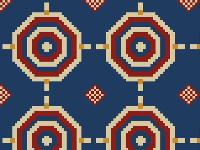 Large octagonal medallions of nested cream, red and navy rings with gold latch hooks and small diamonds between them on a navy ground