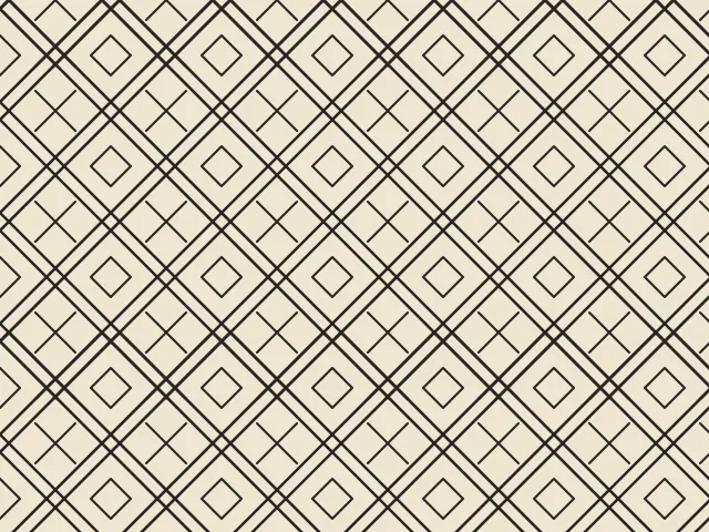 A lattice of double black diagonal lines with small diamonds and crosses in the cells, on a cream ground