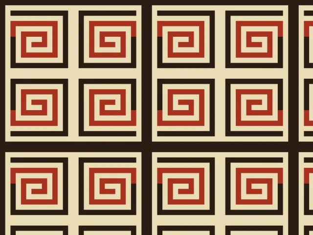 Square spirals in red and black inside black frames, in rows, on a cream ground