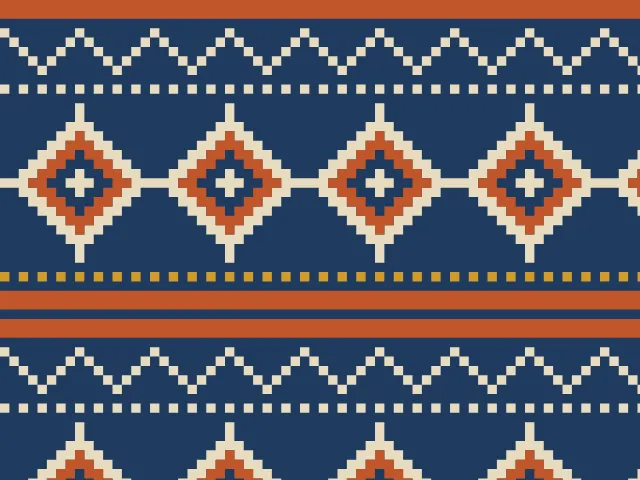 Bands of cream and rust stepped diamonds with zigzags and rows of gold dots on a navy ground