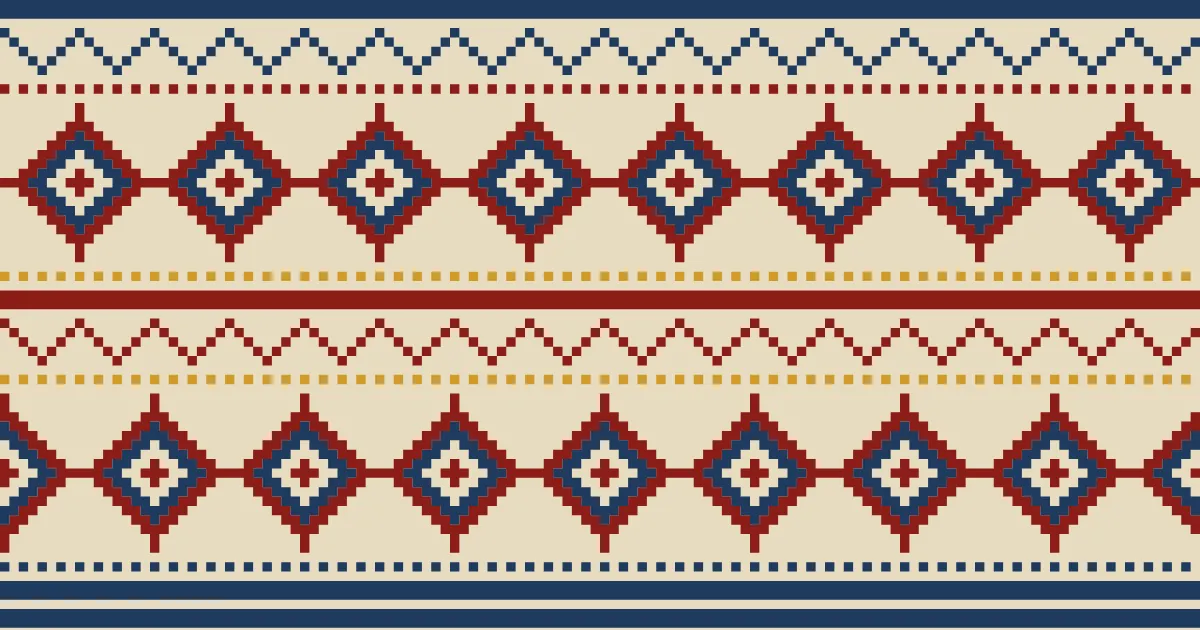 Bands of red and navy stepped diamonds with hooks at the tips, zigzags and rows of gold dots on a cream ground, in the manner of an Anatolian kilim
