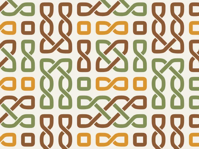 Interlaced brown, green and ochre ribbons forming a knot pattern on a cream background