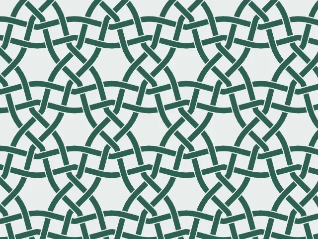 Dark green interlaced ribbons forming a woven mesh on a pale background
