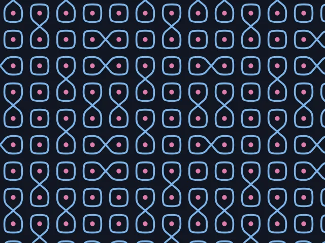 Blue lines looping around pink dots on a dark navy background