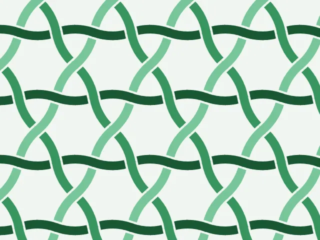 Three green ribbons weaving over and under on a pale background