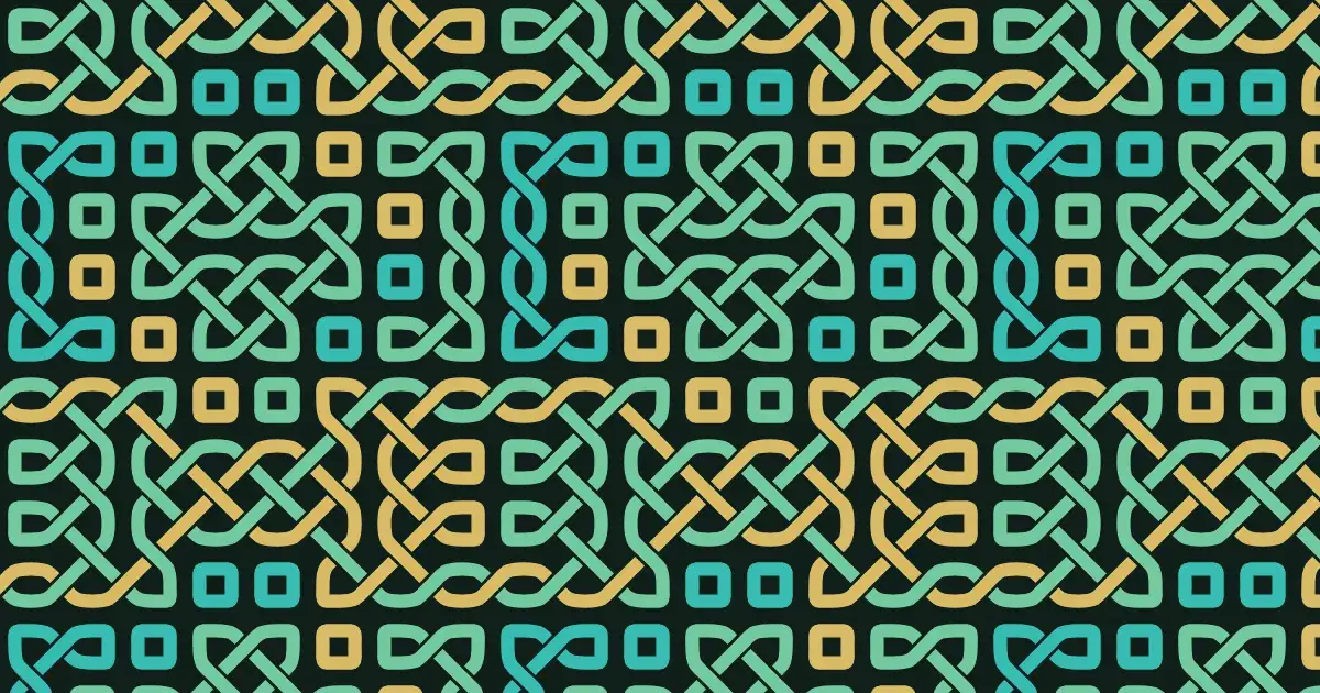 Interlaced mint and gold ribbons forming a Celtic knot pattern on a dark green background