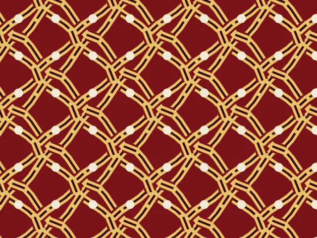 A net of gold cords woven over and under with dark red edges and gold coins at the openings on a deep red ground