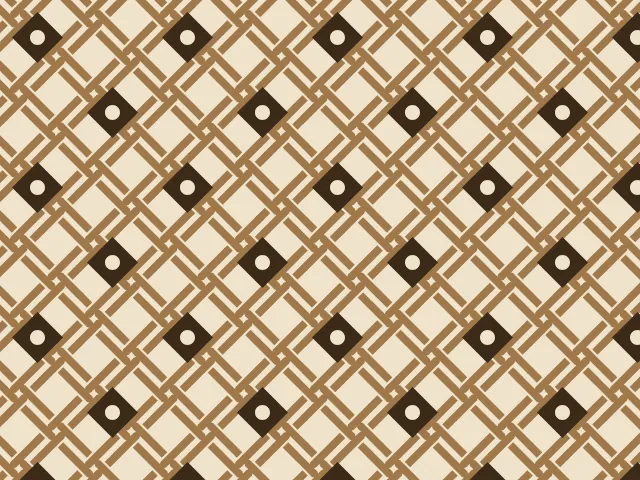 Light brown diagonal cords woven in a diamond net with dark brown square knots with white centers, on a cream ground