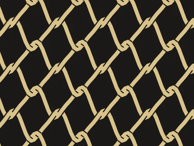 Sinuous gold cords that pass over and under each other in long S-curves on a black ground