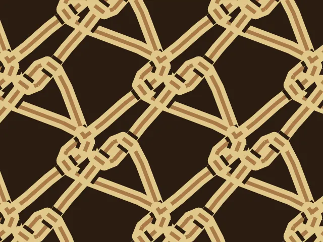 Broad gold and brown interlaced bands in large loops, crossing over and under on a dark brown ground