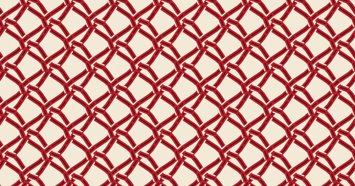 A net of red cords woven over and under with dark red edges and gold highlights on a cream ground