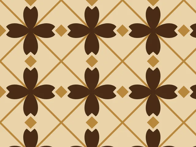 Brown four-petal flowers on a tan ground with a gold diagonal lattice and small diamonds