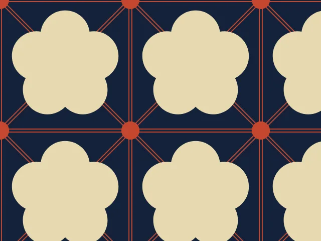 Cream plum blossoms on navy with thin red lattice lines