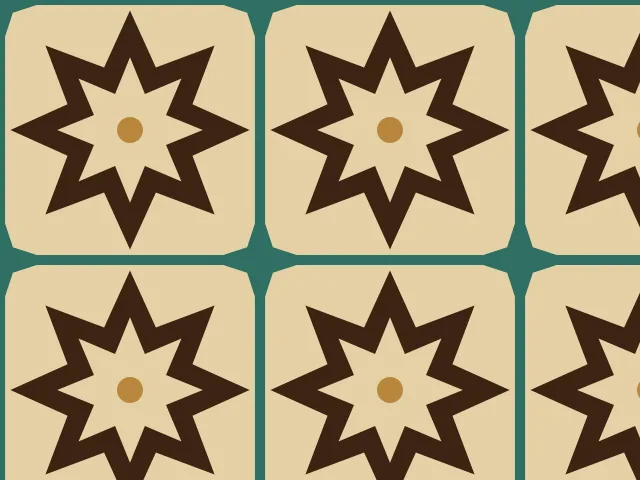 Brown eight-point stars in rounded cream panels with teal strips