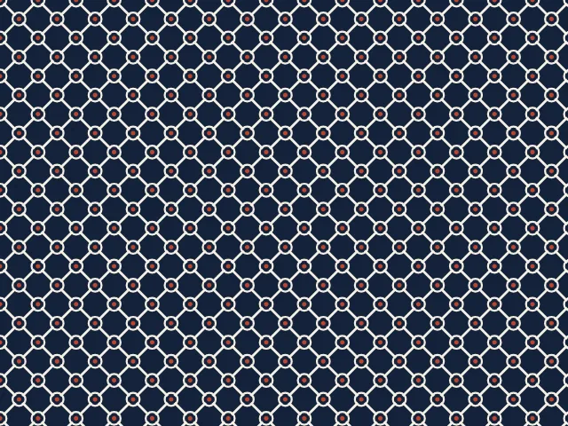 Cream threads crossing in a diamond mesh with a pearl at each crossing and small red dots in the openings, on a dark navy ground