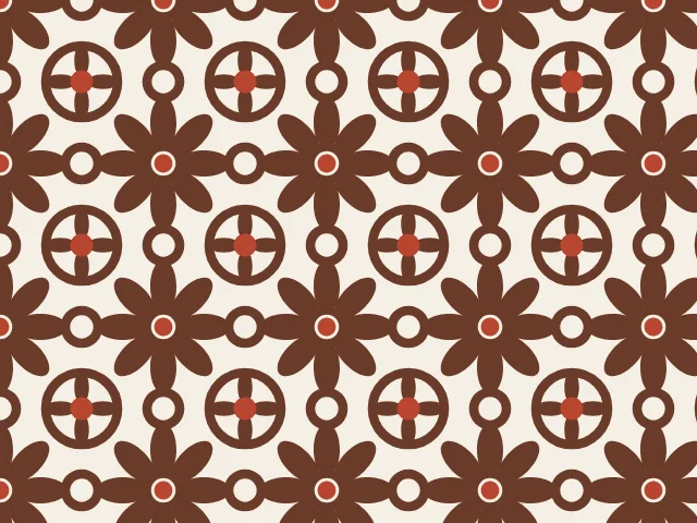 Brown solid eight-petal flowers joined by bars to ring motifs with red centers on a cream ground