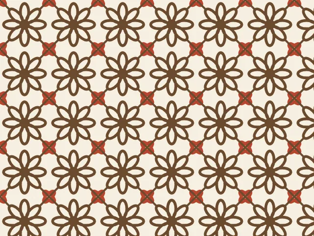 Outlined eight-petal flowers drawn in brown thread with small red and green crosses between them, on a cream ground