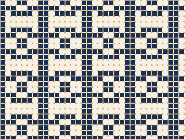 Squares of a mesh in cream thread, some of them filled in to make a repeating motif, with gold pearls at the crossings, on a navy ground