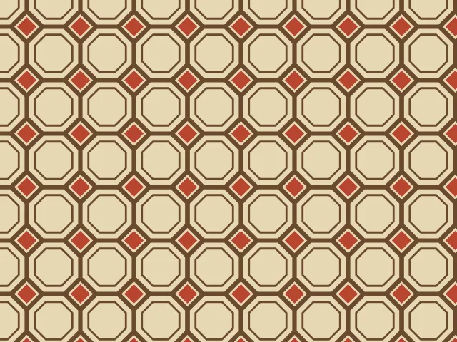 Octagonal holes outlined in brown bands with small red diamonds where four meet, on a sand-colored ground