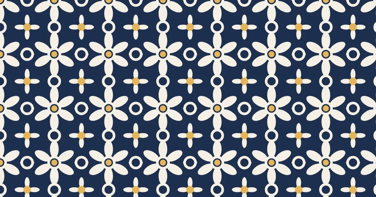 Cream six-petal flowers joined by rings on a navy ground, with small gold-centered four-petal rosettes between them