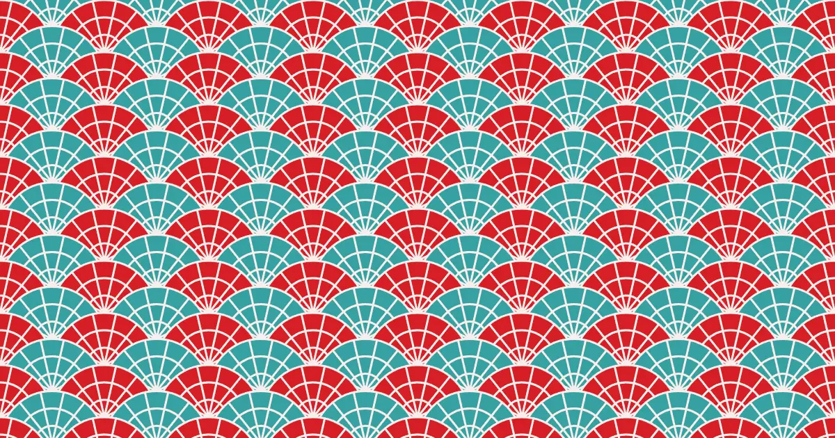 Overlapping fans with rays and rings in red, teal and white