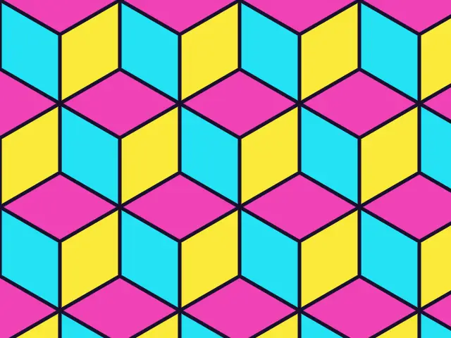 Rhombi in pink, yellow and cyan forming a field of cubes