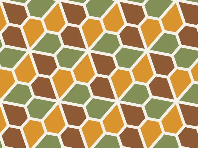 Pentagons in ochre, brown and olive grouped in flower-like clusters