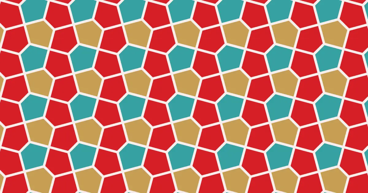 Cairo pentagonal tiling in red, teal and ochre
