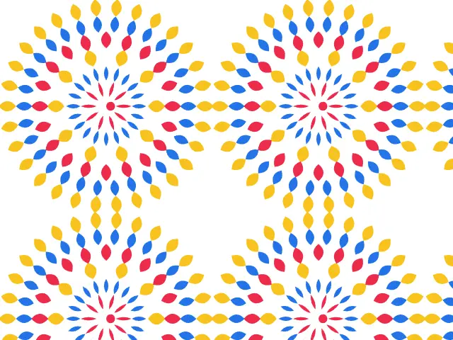 Rosettes of red, blue and yellow petals on a white background